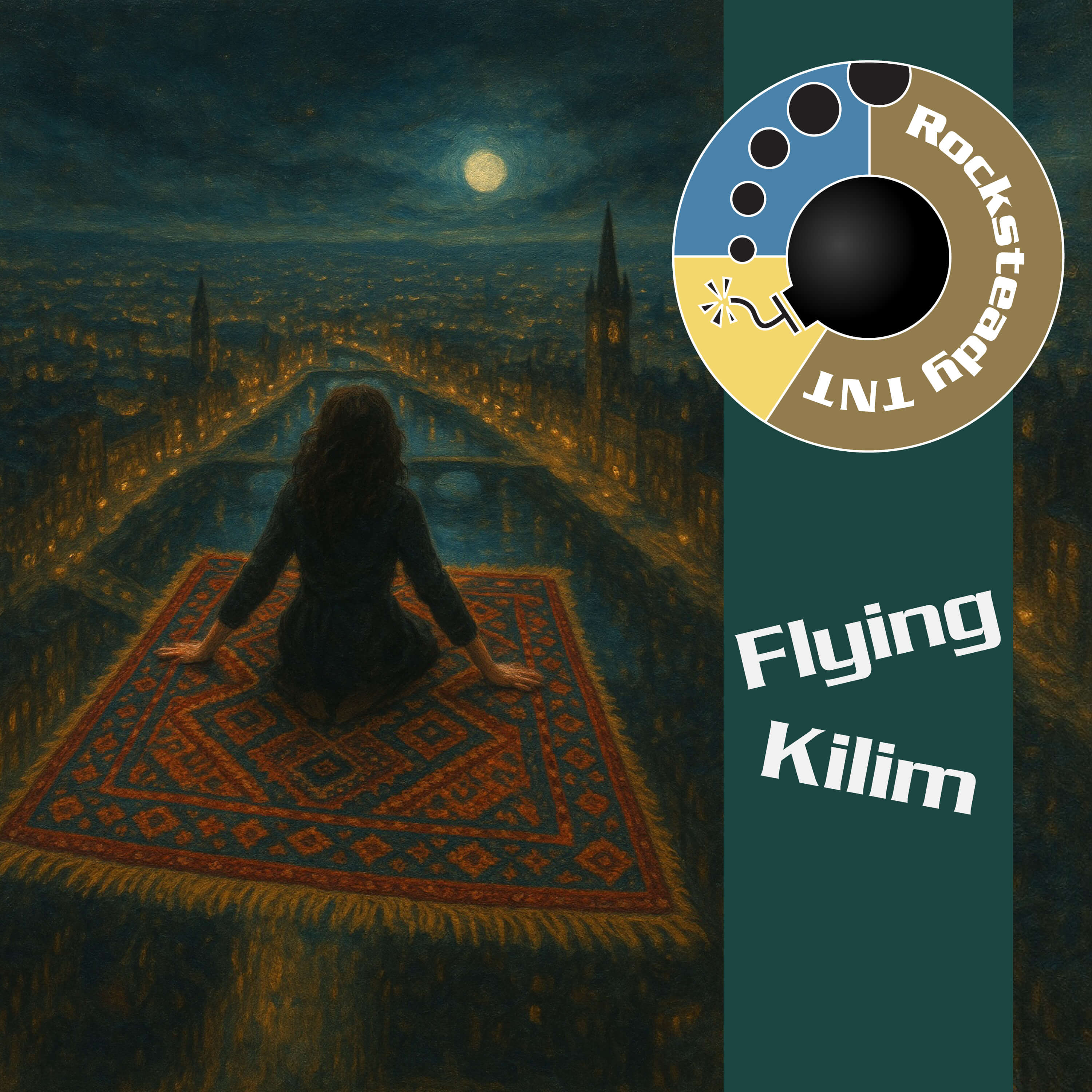 Flying Kilim album cover featuring a colorful illustration of a flying carpet over a cityscape.