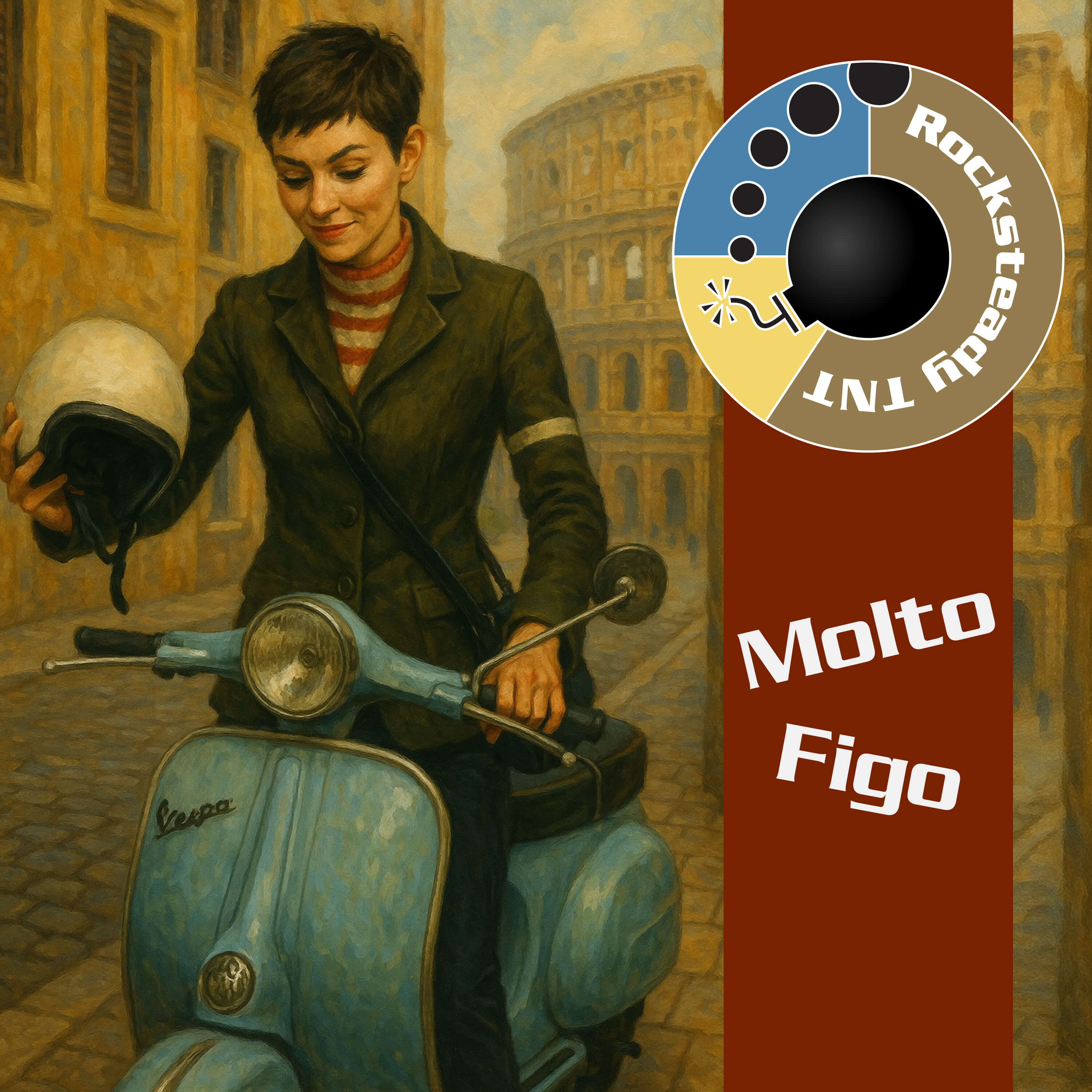 Molto Figo album cover featuring a stylized illustration of a woman with a retro scooter in Rome.