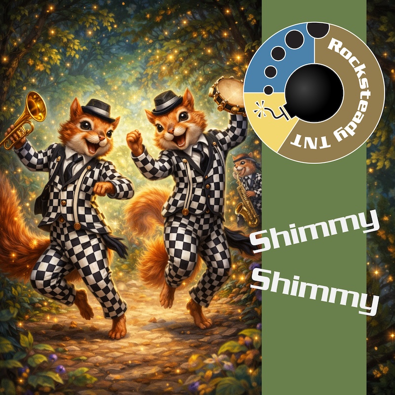 Shimmy Shimmy album cover featuring red squirrels dancing to ska.