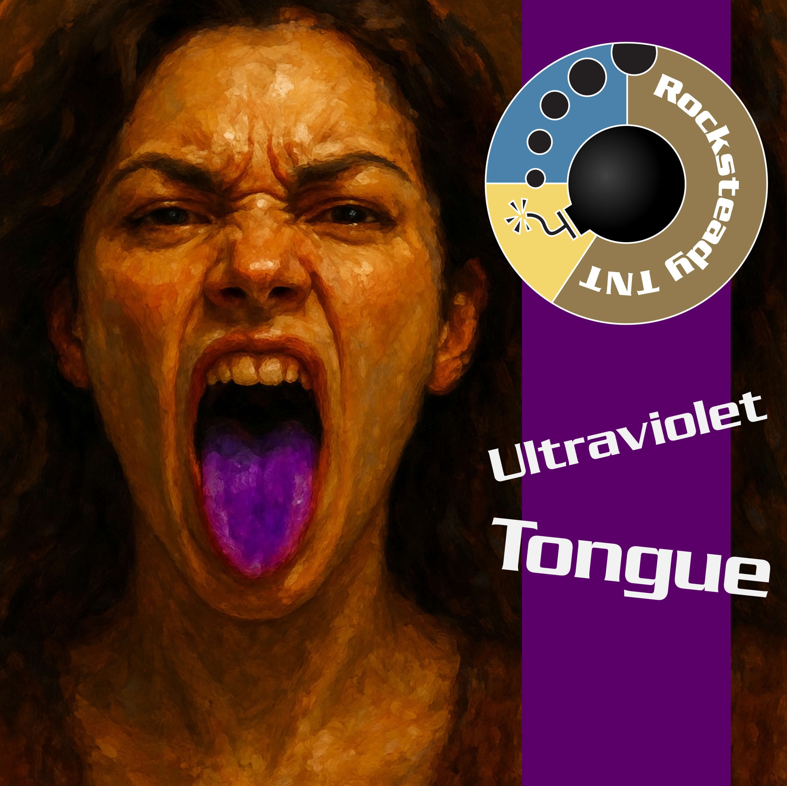 Ultraviolet Tongue album cover featuring a surreal illustration of a tongue extending from a woman's mouth with vibrant colors.
